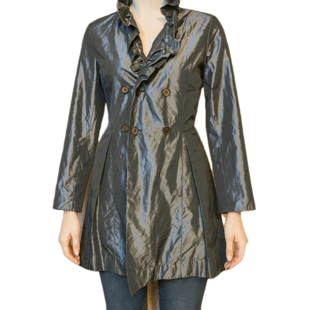 Pink Tartan Gunmetal Gray Double Breasted Ruffle Collar Trench Coat Sz 2‎ Belted